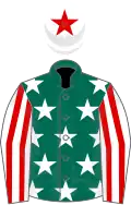 Dark green, white stars, white and red striped sleeves, white cap, red star