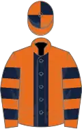 Orange, dark blue stripe, hooped sleeves, quartered cap
