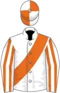 White, orange sash, striped sleeves, quartered cap