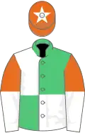 Emerald green and white (quartered), orange and white halved sleeves, orange cap, white star