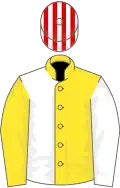 Yellow and White (halved), sleeves reversed, Red and White striped cap