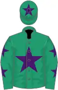 Emerald green, purple star, emerald green sleeves, purple stars, emerald green cap, purple star