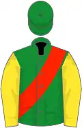 Forest Green, yellow sleeves, scarlet sash