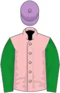 Pink, green sleeves, mauve cap