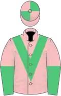 Pink, emerald green chevron, halved sleeves, quartered cap