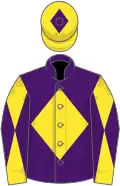 Purple, yellow diamond, yellow and purple diabolo on sleeves, yellow cap, purple diamond