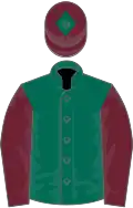 Dark green, claret sleeves and cap with green diamond