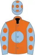 Orange, light blue disc, light blue sleeves, orange spots and spots on cap