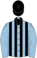 Light blue and black stripes, light blue sleeves, black cap