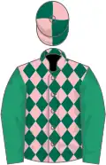 Pink and dark green diamonds, emerald green sleeves, dark green and pink quartered cap