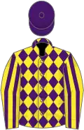 Yellow and purple diamonds, striped sleeves, purple cap