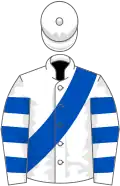 White, royal blue sash, hooped sleeves