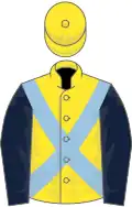 Yellow, light blue cross-belts, dark blue sleeves, yellow cap
