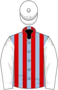 Light blue and red stripes, white sleeves and cap