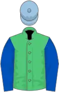 Emerald green, royal blue sleeves, light blue cap