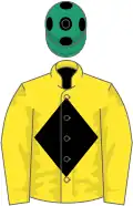 Yellow, black diamond, emerald green cap, black spots