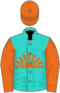 Turquoise, orange rising sun, sleeves and cap