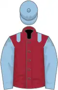 Maroon, light blue epaulets, sleeves and cap