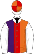 Orange and purple halved, red stripe, white collar and sleeves, orange and red quartered cap, white peak