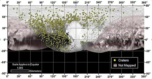 Distribution of over 1000 craters of all ages on Pluto. The variation in density indicates a long history of varying geological activity.