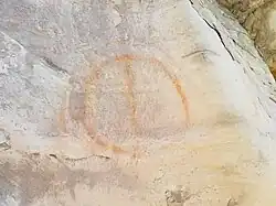 A pictograph of two concentric circles with a line through the inner circle.