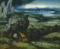 Landscape with St Jerome, 1515–1519, oil on panel, 74 cm × 91 cm (29 in × 36 in), Prado, Madrid