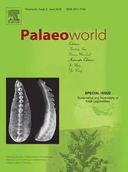 Green cover with the journal title in red sans-serif type. Below the title are a list of editors and a greyscale photo of the well-preserved spine of a small animal. Images of fossils appear faintly in the background: The skull of a Tyrannosaurus rex, a trilobite, and a leafy plant.