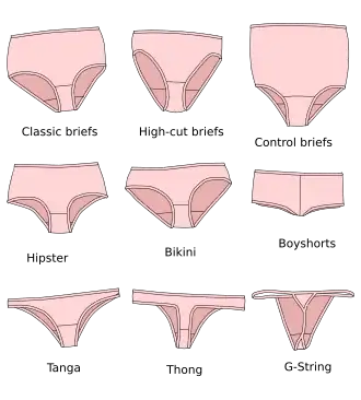 Several styles of women's underpants (thong and G-string: back view)