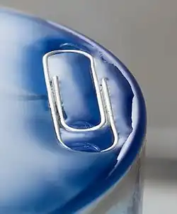 Image 13This paper clip is under the water level, which has risen gently and smoothly. Surface tension prevents the clip from submerging and the water from overflowing the glass edges. (from Properties of water)