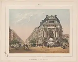 Colour illustration of the Place Saint-Michel in Paris in the 1870s. On the left, the Rue Saint-Michel stretches in a straight line into the distance, and on the right, the Saint-Michel fountain in front of a building, where two streets meet. The streets are populated by many people, mainly women in imposing coloured dresses, and a few horse-drawn carriages, also coloured.
