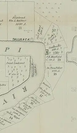 Part of Issaquena County along the Mississippi River mapped sometime between 1866 and 1874; Col. Christmas' Shiloh Egypt plantation had cabins that had formerly been used as slave quarters, a main residence, and a cotton gin