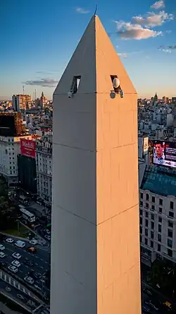 Top of the Obelisk of Buenos Aires as seen from a drone shot.