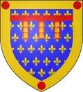 Arms of the département of Pas-de-Calais, based on the arms of the county of Artois. The label terminates at the bordure and is charged with castles Or.