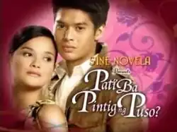 An image of Yasmien Kurdi and JC de Vera, over a pink background. The series title is displayed on the right side of the image. The text "Sine Novela Presents" is written above the series title.