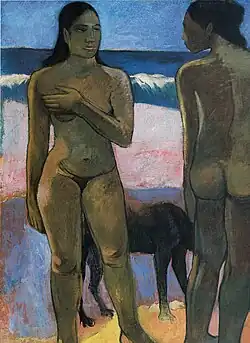 Paul Gauguin, 1892, Deux Tahitiennes sur la plage (Two Nudes on a Tahitian Beach), oil on canvas, 90.8 × 64.8 cm (35.7 × 25.5 in), Honolulu Museum of Art