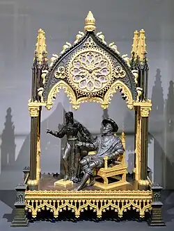 Clock with a group of François I and Marguerite de Navarre, after the François Ier montre à Marguerite de Navarre painting by Fleury François Richard, c.1830-1840, gilt and patinated bronze, Mobilier National