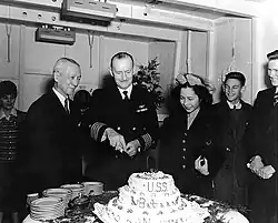 Vice President Osmeña during the commissioning ceremony of USS Bataan (CVL-29) in 1943