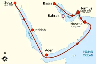 A map, showing a voyage from Suez to Basra, with details at the link and in this section