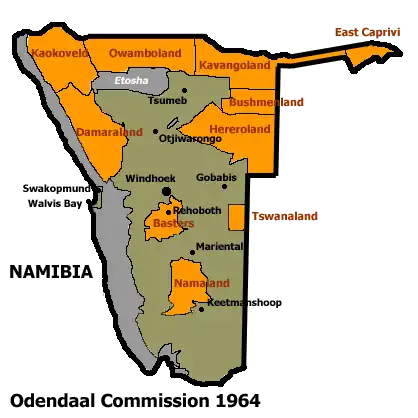 Allocation of land to bantustans according to the Odendaal Plan. Grey is Etosha National Park