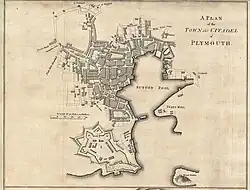 "A Plan of the Town and Citadel of Plymouth" by Benjamin Donn in 1765. It shows the design of the Royal Citadel as completed, including the outworks which are now lost.