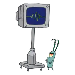 An animated computer monitor on a base with wheels stands next to a small, dark green, one-eyed copepod