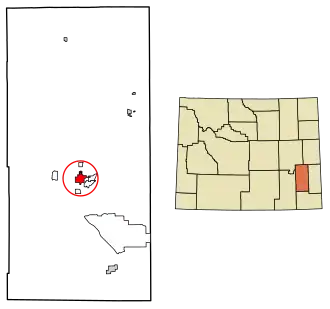 Location of Wheatland in Platte County, Wyoming.