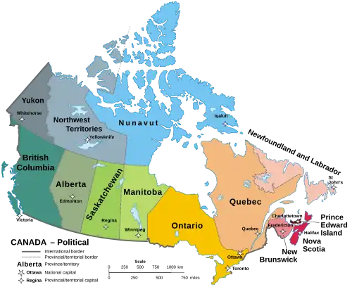 A map of Canada showing its 10 provinces and 3 territories