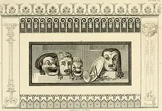 Panel painting of theater masks in the tablinum. The cup and hellebore clearly identify the masks as tragic. The surrounding ornaments, painted red and blue upon grounds of pink and white, were copied from various parts of the house.[6]