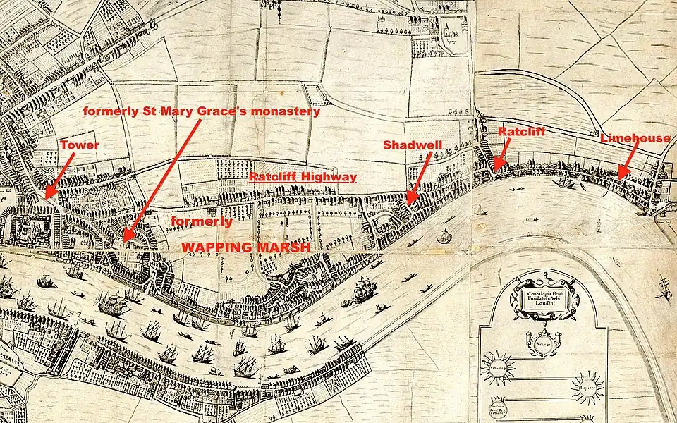 Port of London by 1660. Ribbon development along wall; cattle graze on Wapping Marsh, by now inned. (Base map by Fairthorne and Newcourt, an early quasi-realistic map of the region)