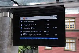 Electronic information displays inform passengers of what buses stop at that bus stop, when they are due to arrive and if buses are running late