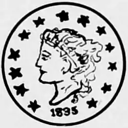 Coin with a woman's profile with flowing hair and a head band marked "Liberty", surrounded by thirteen stars and an 1835 mint mark below