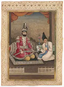 Portrait of Mohammad Shah Qajar and his Vizier Haj Mirza Aghasi, second quarter of the 19th century; ink, opaque watercolor, and gold on paper, Iran, collection of the Metropolitan Museum of Art[25]