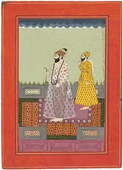 Circa 1750 painting of Guru Hargobind (also identified as Guru Har Rai) and an attendant wearing chola