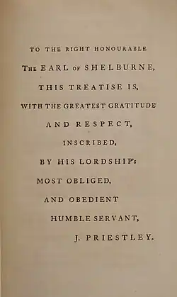 Dedication to Lord Shelburne in volume I of Experiments and Observations on Different Kinds of Air (1774)